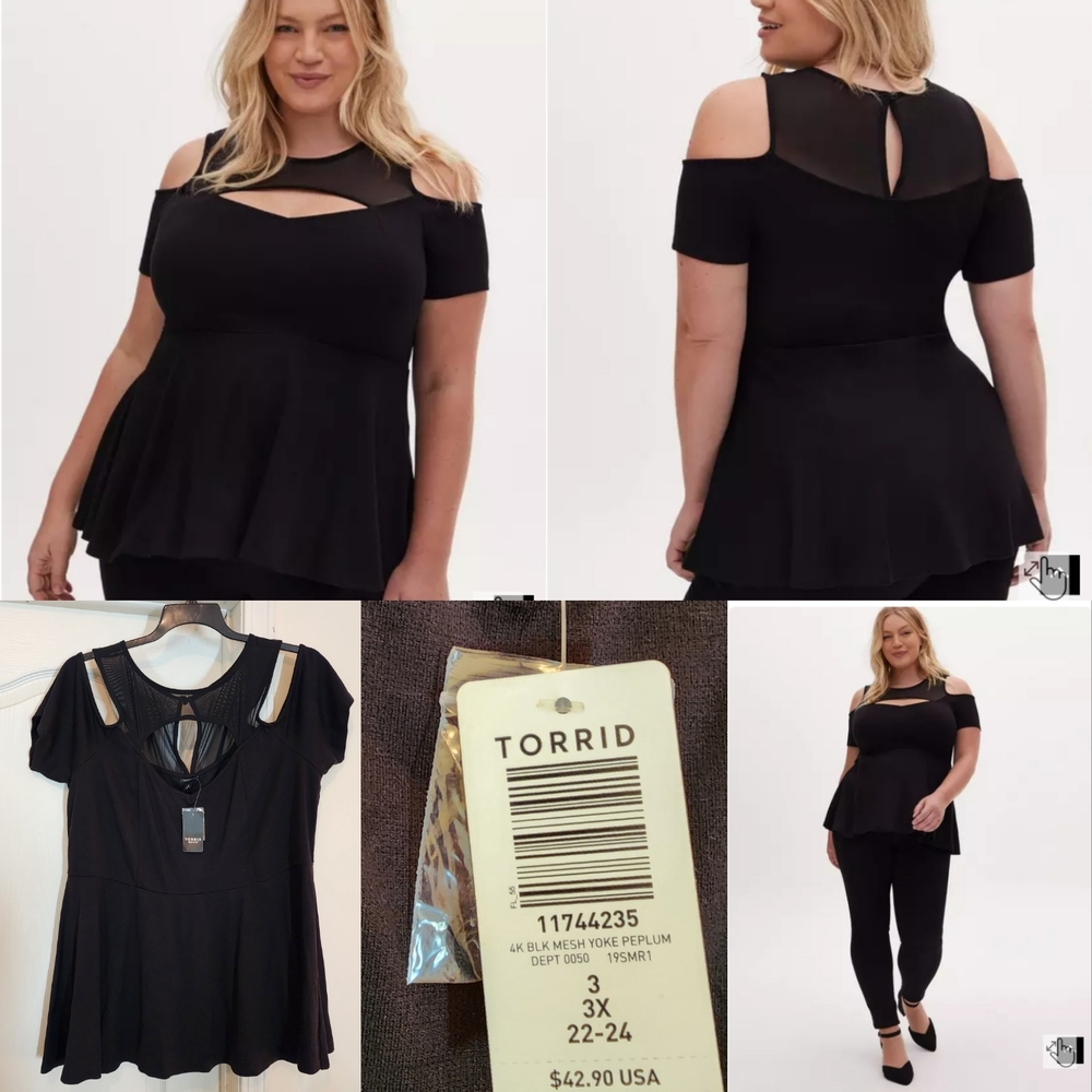 NEW 3X Torrid Black Peplum Blouse with Mesh & Cut Out Details , BLACK